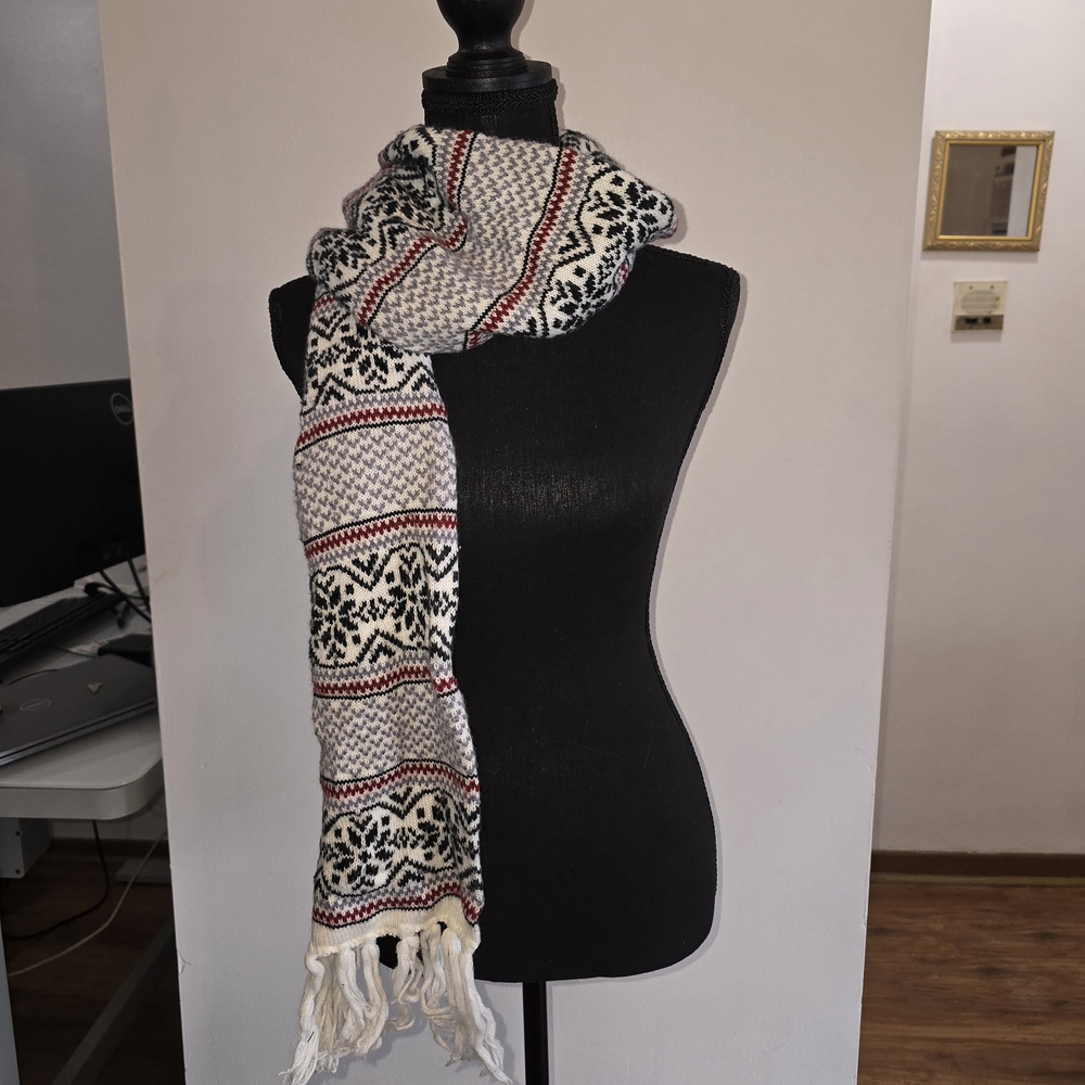 Patterned Black and White Scarf with Red Accents
